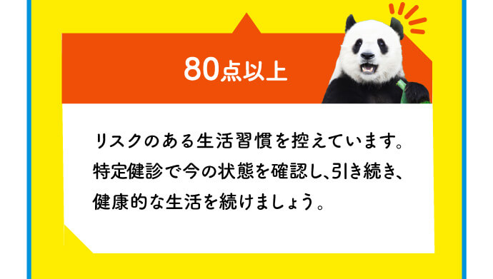 80点以上 リスクのある生活習慣を控えています。特定健診で今の状態を確認し、引き続き、健康的な生活を続けましょう。